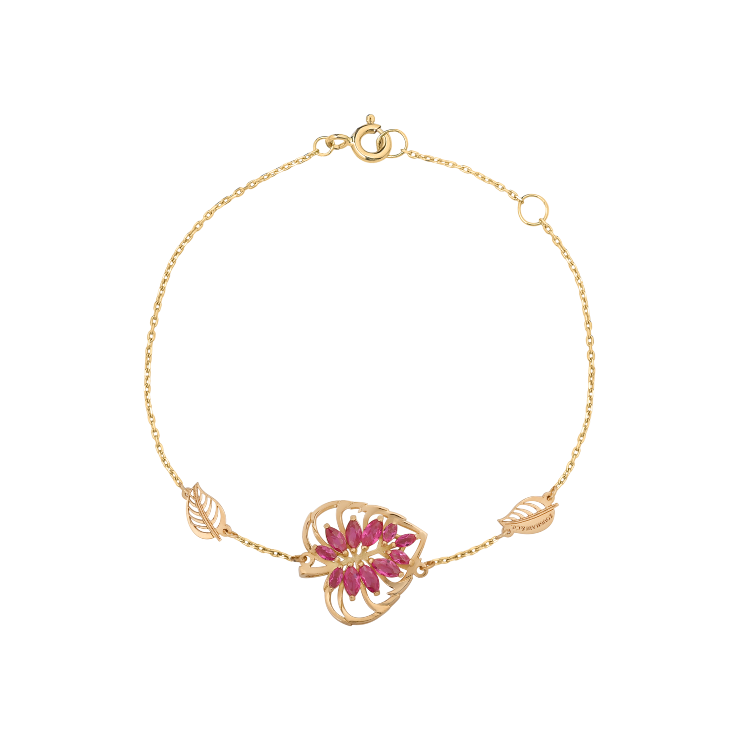 Leaves Gold Bracelet Heart with Colored Stones