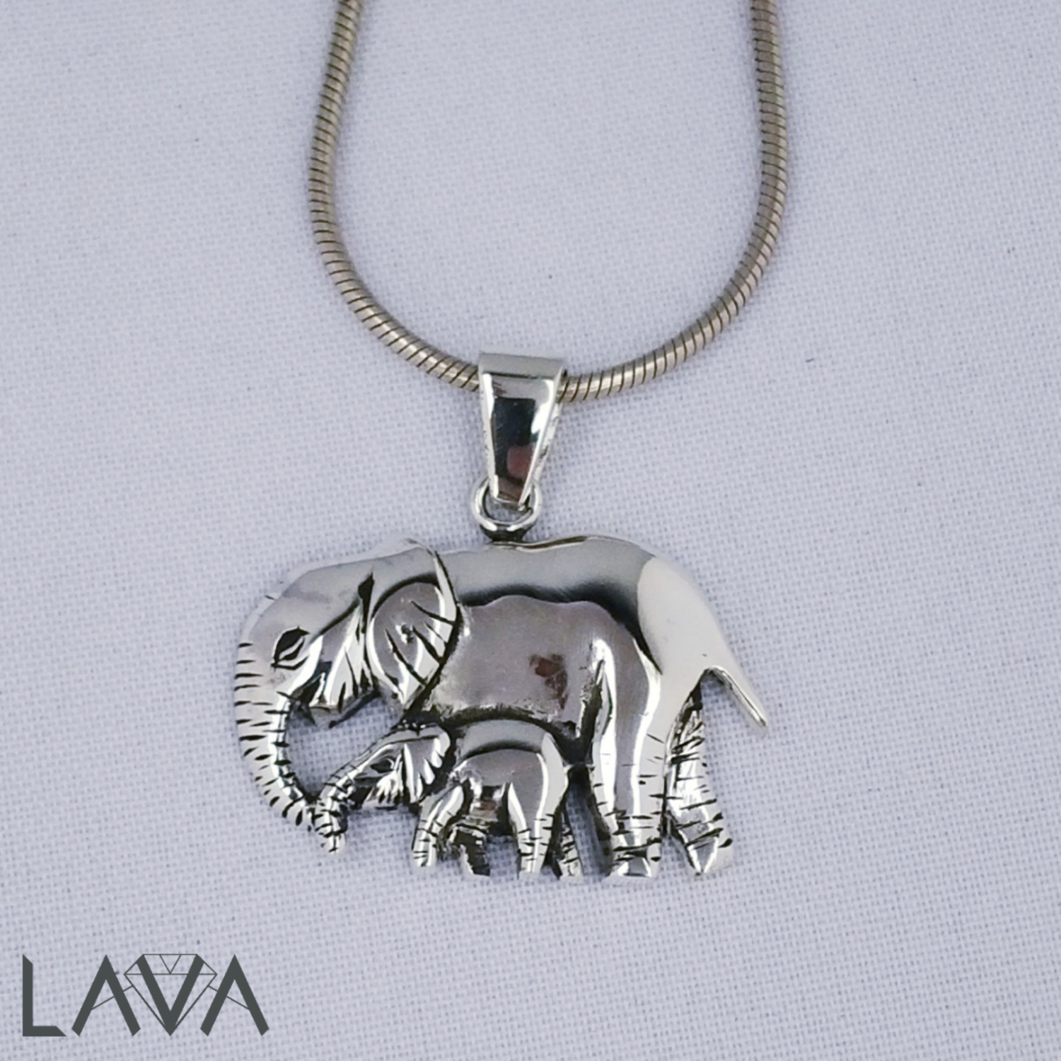 Elephant and baby pendant on sterling silver snake chain (free shipping)