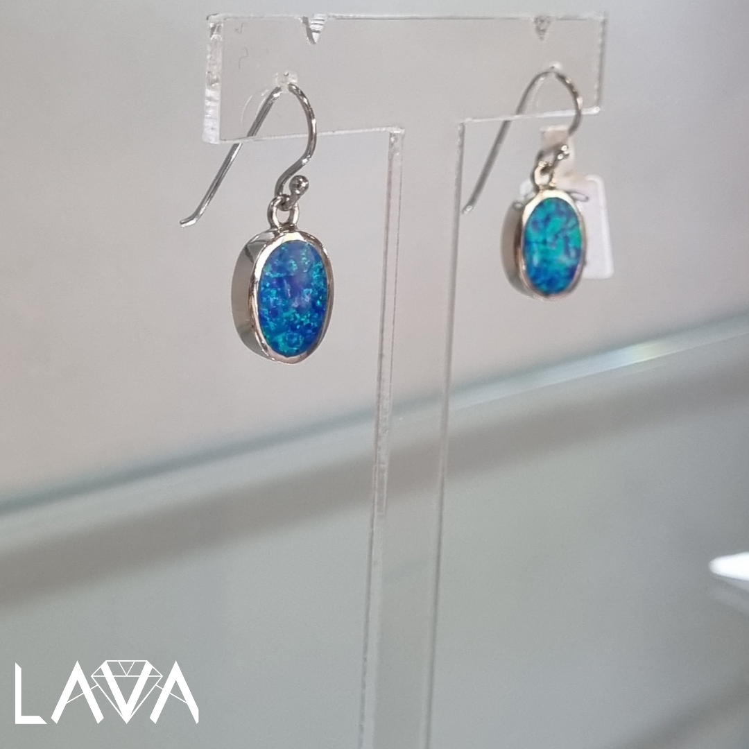 Blue opal earrings in sterling silver setting
