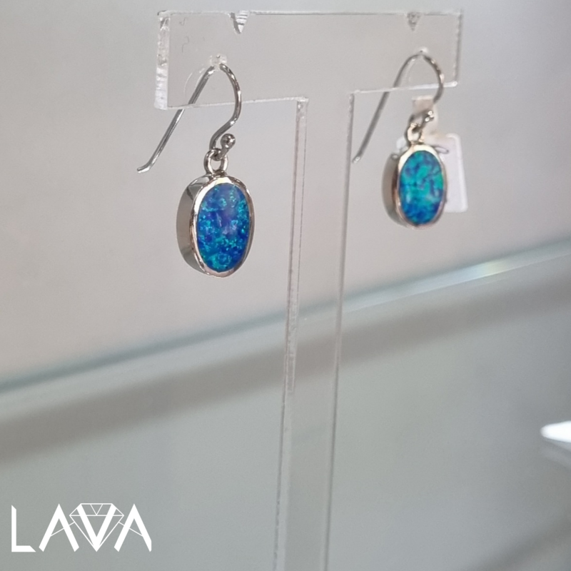Blue opal earrings in sterling silver setting