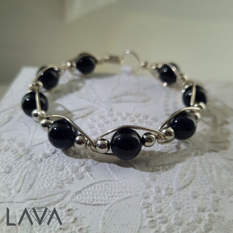 Black agate and silver wire bracelet (free shipping)