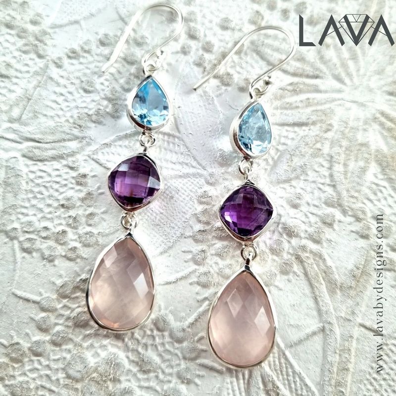 Blue tourmaline, amethyst and rose quarts earrings (free shipping)