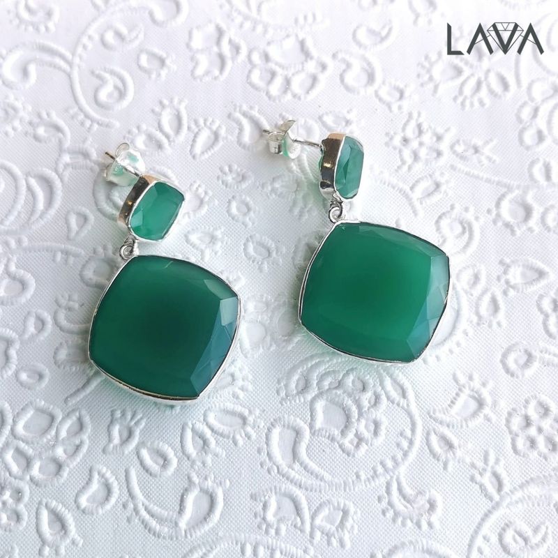 Green onyx dangling square studs (free shipping)