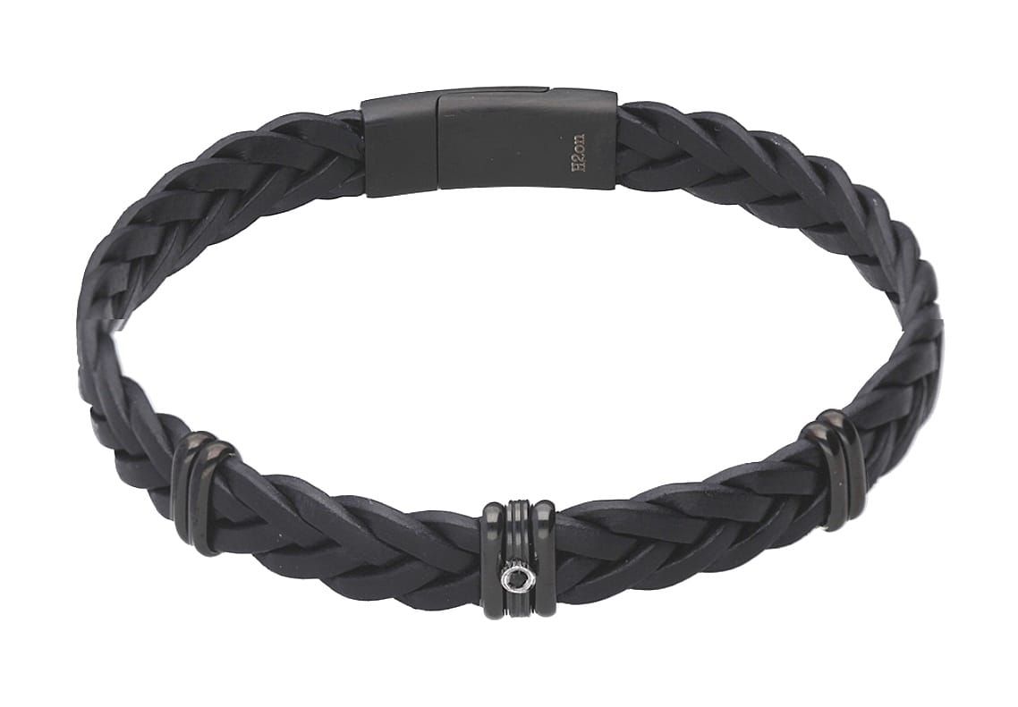 Men&#39;s stainless steel black braided leather and black spinel stone bracelet