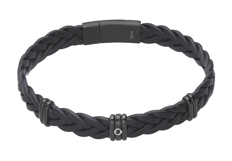 Men&#39;s stainless steel black braided leather and black spinel stone bracelet