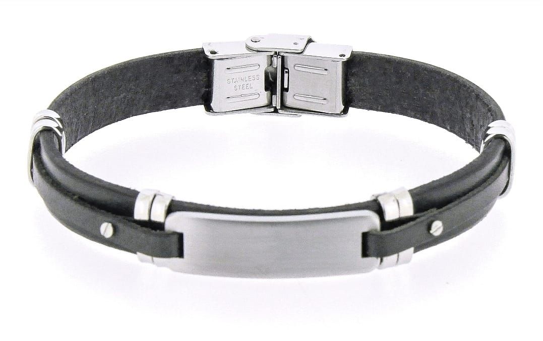 Men&#39;s stainless steel ID plate and black leather bracelet