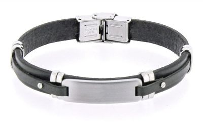 Men&#39;s stainless steel ID plate and black leather bracelet