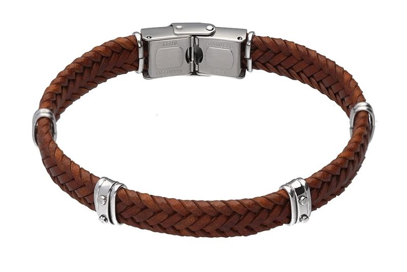 Men&#39;s stainless steel brown braided leather bracelet