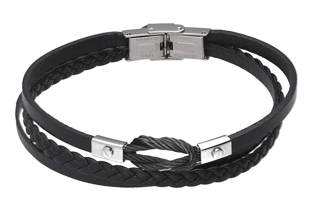 Men&#39;s stainless steel black leather bracelet with  vintage steel knot