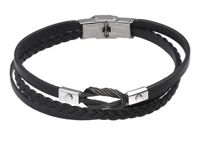 Men&#39;s stainless steel black leather bracelet with  vintage steel knot