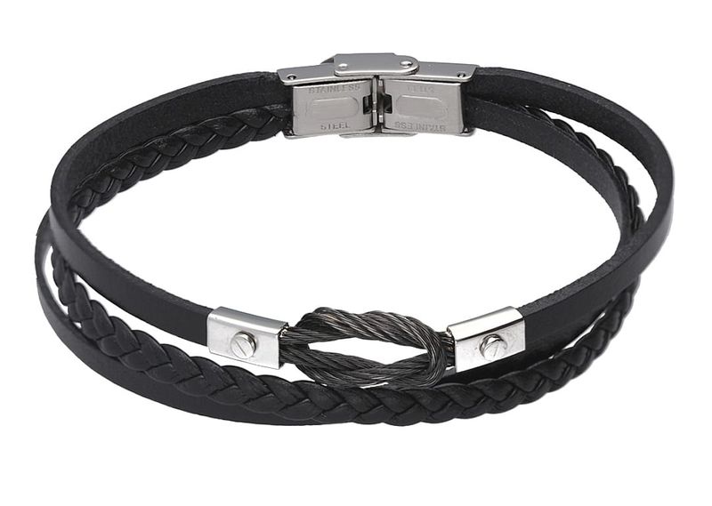 Men&#39;s stainless steel black leather bracelet with  vintage steel knot