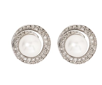 9k White Gold Diamond &amp; White Fresh Water Pearl Stud Earring (0.20ct)