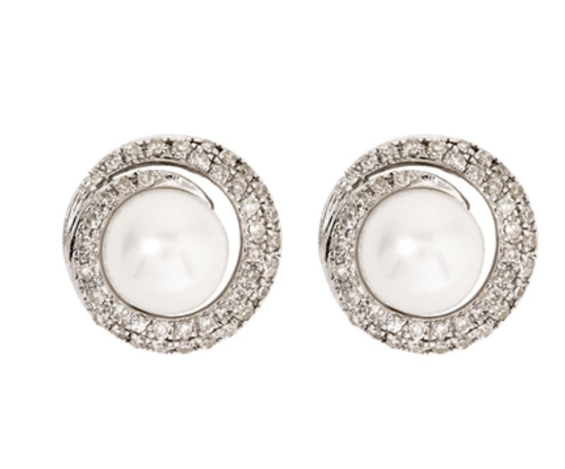 9k White Gold Diamond &amp; White Fresh Water Pearl Stud Earring (0.20ct)