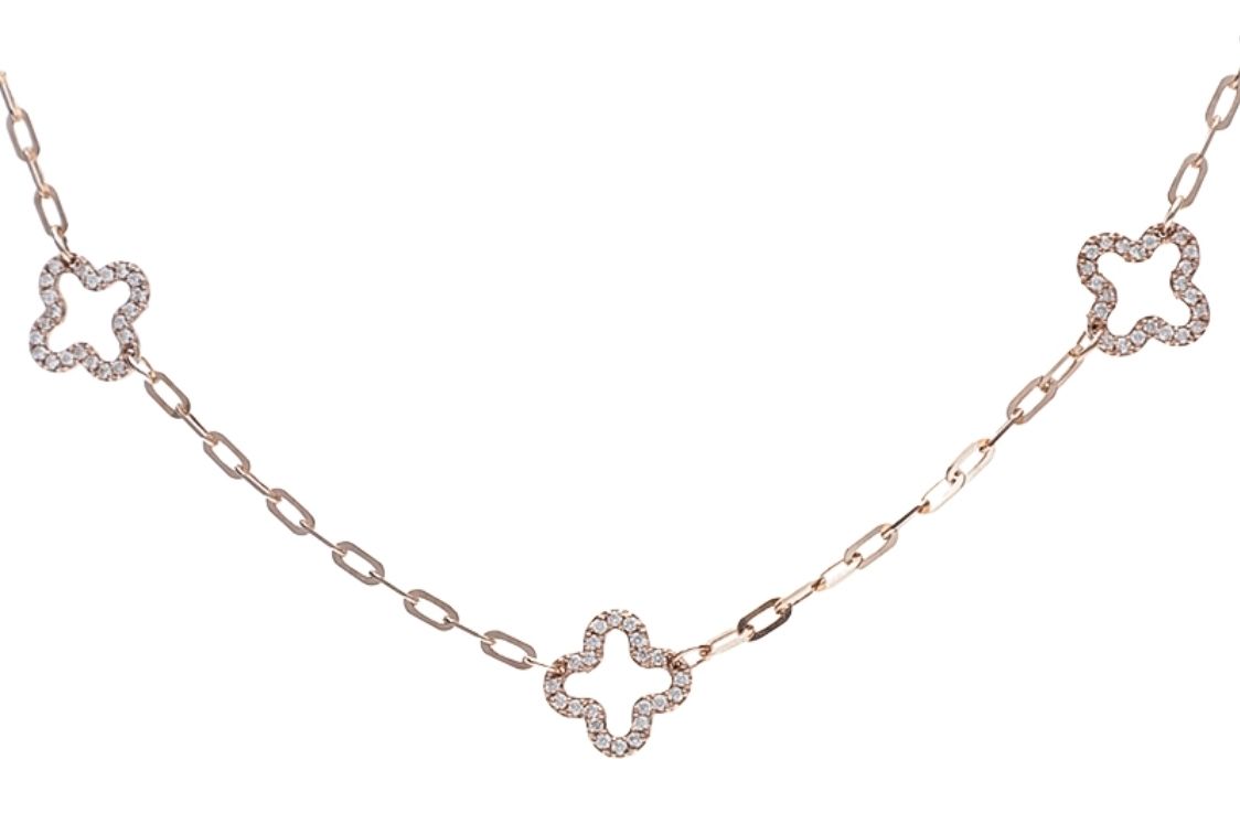 9k Rose Gold Multi Diamond 5 Station Clover Paperclip Necklace  43cm, 0.55ct