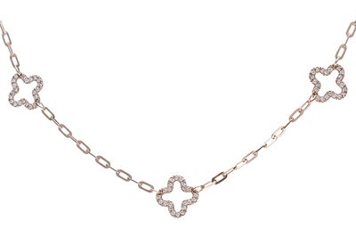 9k Rose Gold Multi Diamond 5 Station Clover Paperclip Necklace  43cm, 0.55ct