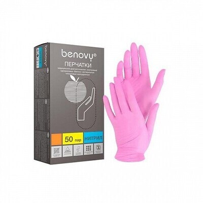 Перчатки Benovy нитриловые M розовые, 50 пар
