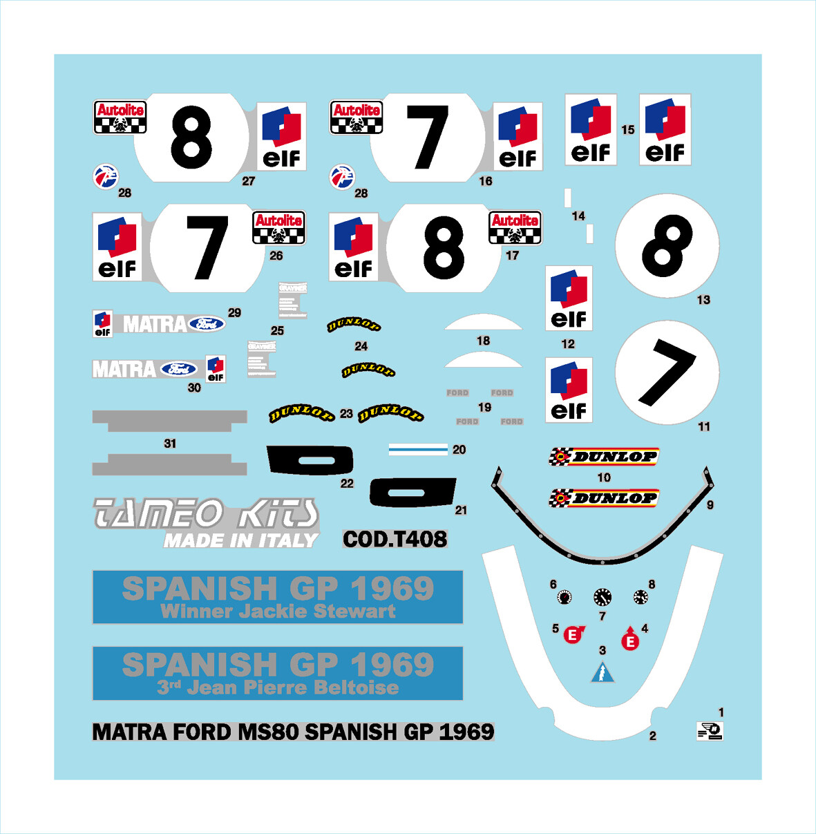 TAMEO TMK397 MATRA FORD MS80 GP SPAGNA 1969 J.STEWART-J.P.BELTOISE-WINNER JACKIE STEWART