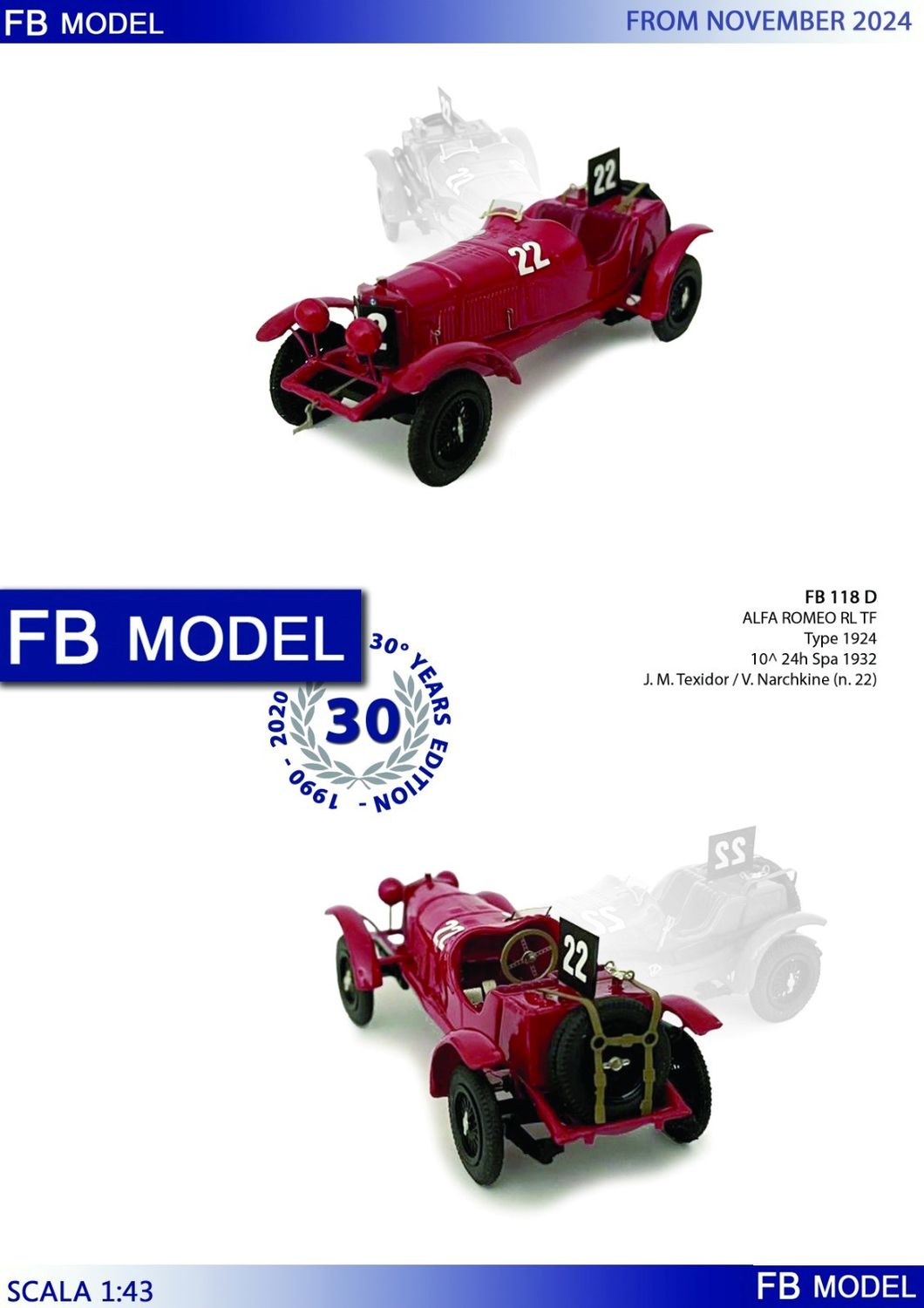FB MODEL FBM118D ALFA ROMEO RL TF TYPE 1924 -10mo 24h Spa 1932 Jean-Marie Texidor-Vladimir Narchkine #22