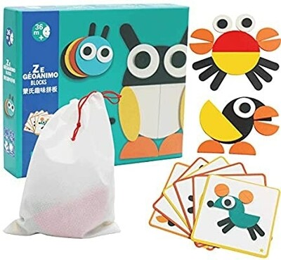 Creative Animal Geo Blocks Wooden Pattern Blocks Puzzles with 20 Designs for Preschool or Kindergarten Kids
