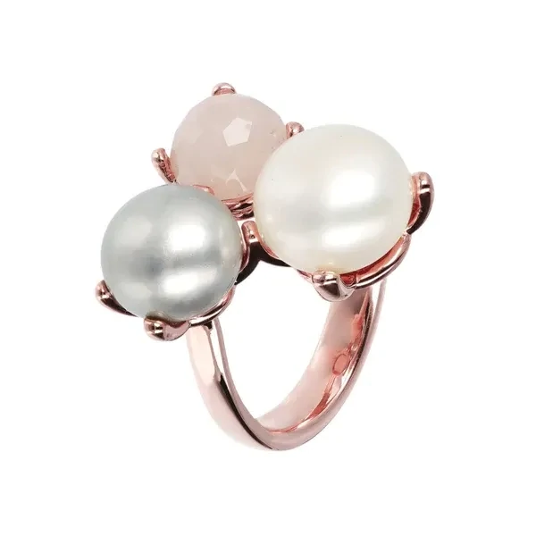 Bague trilogie avec perles de culture d'eau douce et pierre naturelle