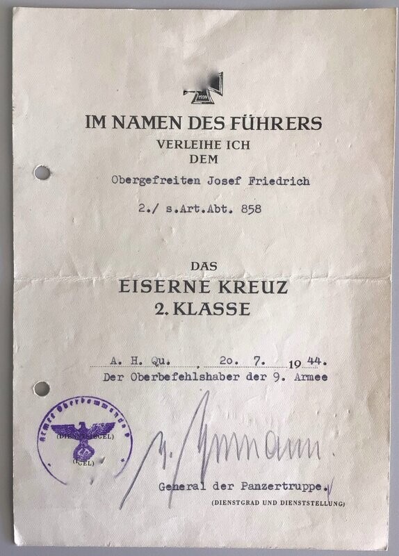 EK2-Urkunde für einen Angehörigen der 2./ s.Art.Abt. 858