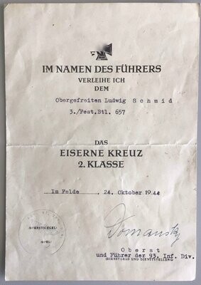 EK2-Urkunde für einen Angehörigen des 3. Festungs-Bataillons 657