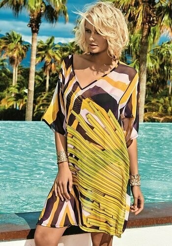 Shanghai Bamboo Kaftan by Miradonna in a yellow bamboo pattern on a black background. 