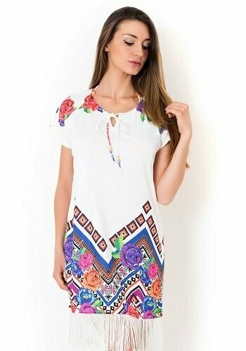 Go Mexico Maxi T-Shirt by Vacanze Italiane. A white beach cover up with a mexican inspired border at the bottom. 