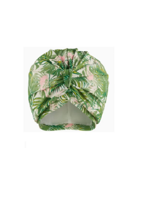 Tropical Palms Splash Cap & Shower Turban. Front view showing gathered material. Green tropical plants on a white background.