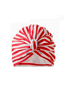 Red & White Stripe Splash Cap & Shower Turban, front view showing gathered material