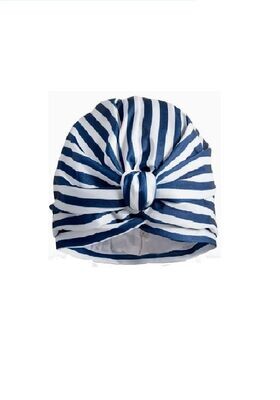 Navy Blue & White Stripe Splash Cap & Shower Turban, front view showing gathered material