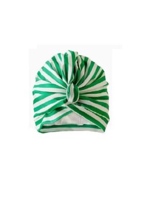 Green & White Stripe Splash Cap & Shower Turban, front view showing gathered material