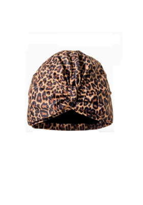 Wild Thing Splash Cap & Shower Turban. Shown from the front. Leopard print rouched material.