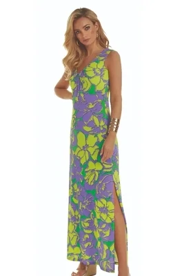 Roidal Floreale Alaya Column Dress. The fabric is a modern print of outlined up-scaled blooms in lavender and lime with a little emerald green foliage, and the skirt has a side split.
