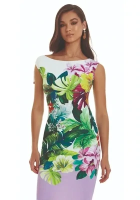 Roidal Tropic Ona Complice Dress. Tropical coloured floral print. Golden tipped drawstrings at the shoulder can give a rise or fall effect, and the dress can be worn on or slightly off the shoulder.