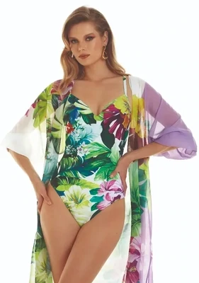 Roidal Tropic Indira Shirt Dress. Chiffon collarless shirt dress in a cool semi-sheer fabric Exotic floral mix print.