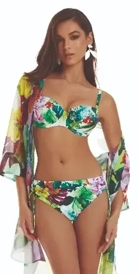 Roidal Tropic Underwired Tie-Side Bikini. The bikini pants have tie-side drawstrings to enable you to choose your level of coverage. Tropical floral print on a white background.