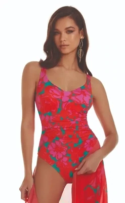 Roidal Floreale Capri Swimsuit. The fabric is a print of up-scaled blooms in bright pink and red with contrasting little flashes of emerald green. 