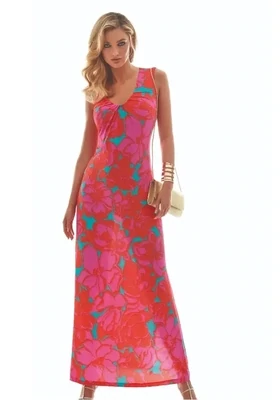 Roidal Floreale Alaya Long Column Dress. The fabric is a print of up-scaled blooms in bright pink and red with contrasting little flashes of emerald green. 