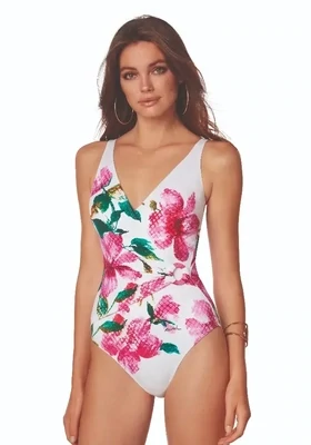 Roidal Valeria Agata Swimsuit. Pink floral on a white background fabric.
