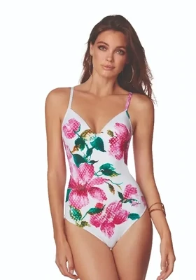 Roida Valeria Gala swimsuit. Features a fresh floral design with the modern twist of a printed mesh effect overlaying the lovely flowers and leaves.