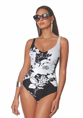 Roidal Elegant Astor Swimsuit. One piece swimsuit in artistic floral design in monochrome.