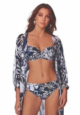 Roidal Cachemire Nora Bikini. Fabric features a Blue and White Paisley pattern. The bikini features adjustable shoulder straps, supportive underwired cups, and variable coverage tie-side pants