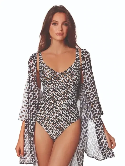 Roidal Noa Verdi Shirt Dress. Black, Brown and White "dot and wave" semi-sheer chiffon abstract print fabric. The ¾ length sleeves give nice arm coverage, and pretty pearlised buttons run the length of the front piece.