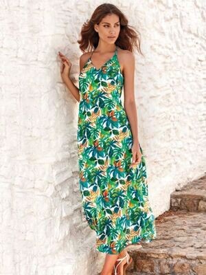 Roidal Tessy Mallorca Maxi Dress. Ankle length beach cover up in an exclusive jungle print. Lifestyle photo.