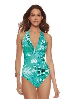 Roidal Menta Tahiti Swimsuit. The fabric is a pretty aqua blue green print of tropical foliage and hibiscus flowers. The plunge neckline exudes glamour, and the soft fabric neck ties can be adjusted for comfort. Studio photo.