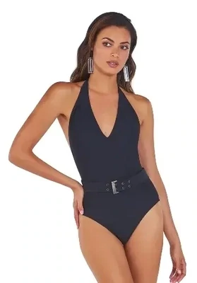 Roidal Bellucci Belt Swimsuit. This black halterneck swimsuit has a skilfully tailored belt with a burnished metal buckle, eyelets, and belt tip bar. The halterneck fastens with a metallic clasp.