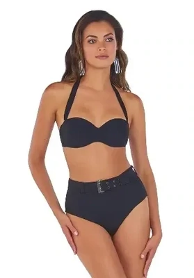 Roidal Andress Belt Bikini. Stylish Black bikini with a skilfully tailored adjustable belt with 4 belt loops plus a burnished metal buckle, eyelets, and belt tip bar. The bikini top is underwired with shaped foam cups.