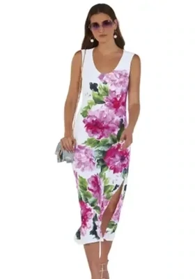 Roidal Larys Bela Tunic Dress. Pink floral design on a White background. The column style combined with the midi length gives a slimming effect.