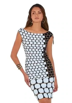 Roidal Bambu Clara Complice Dress. Brown, Black and White geometric design. The hemline falls just above the knee. The golden tipped drawstrings at the shoulder create a rise or fall effect, and the dress can be worn on or slightly off the shoulder.